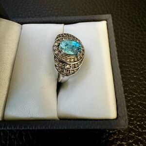 Oval Blue and White Zircon Platinum over Sterling. Sz 5.